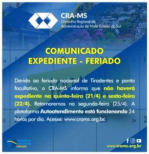 Comunicado: Expediente CRA-MS no feriado de Tiradentes